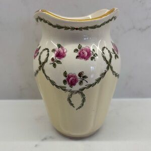 Vintage Minton Floral Cream Vase with Laurel Garland and Pink Roses Gold Rim